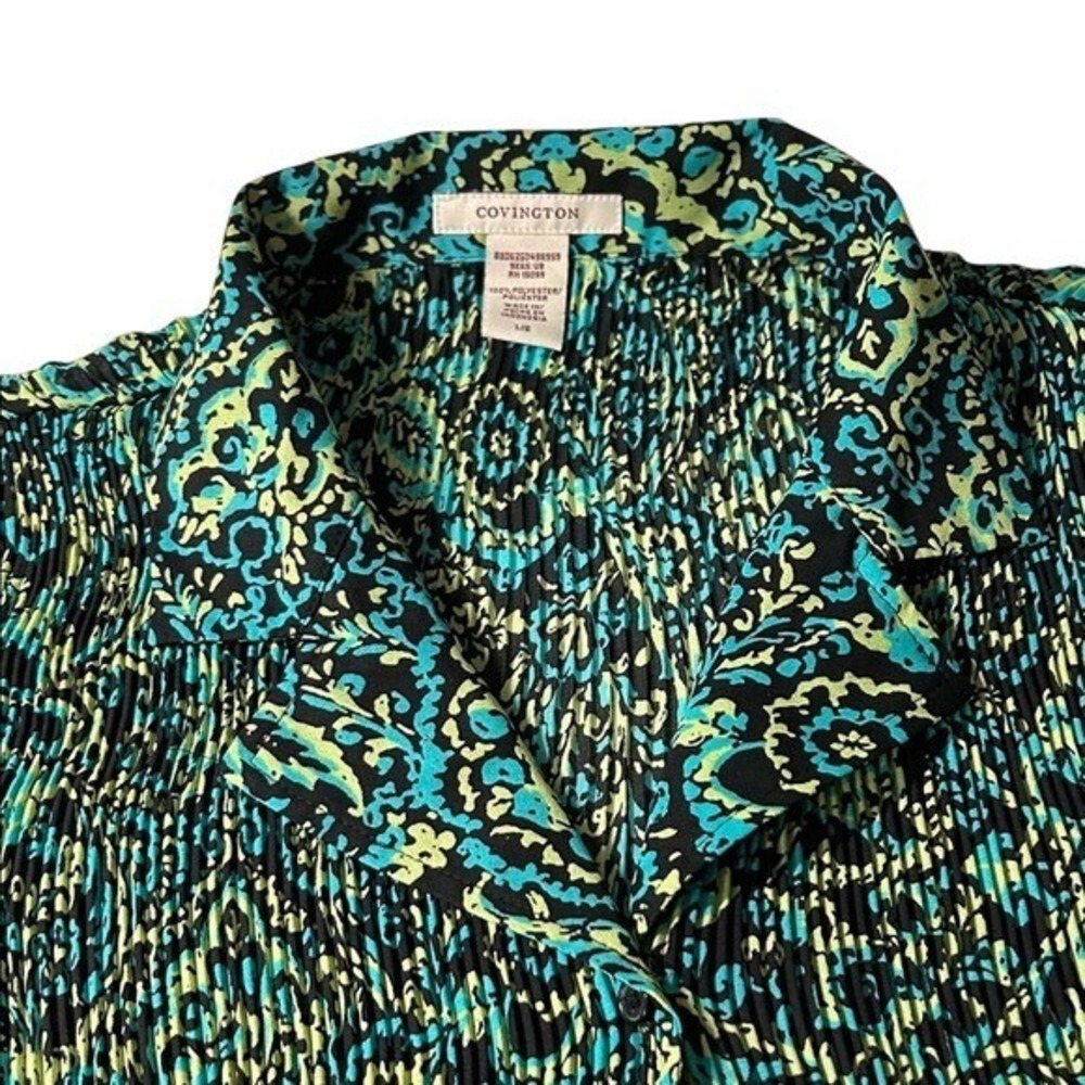 Covington‎ Smocked Blouse Top, Blue Green Paisley, Ruffle Hem, Short Sleeve